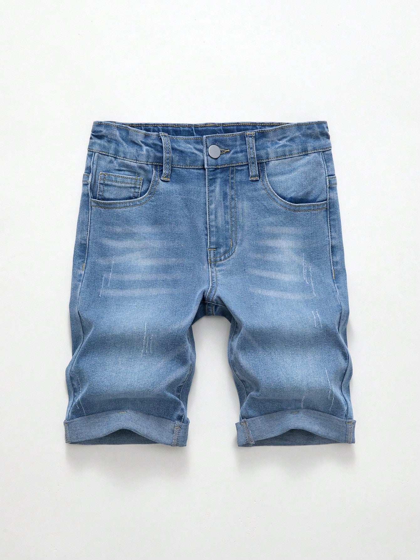 Tween Boy Light Washed Blue Stretch Denim Shorts With Rolled Hem