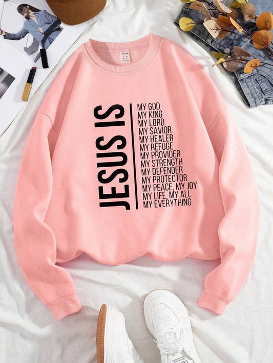 Tween Girl 1pc Fashionable Round Neck Letter Printed Fleece Sweatshirt , Casual Style