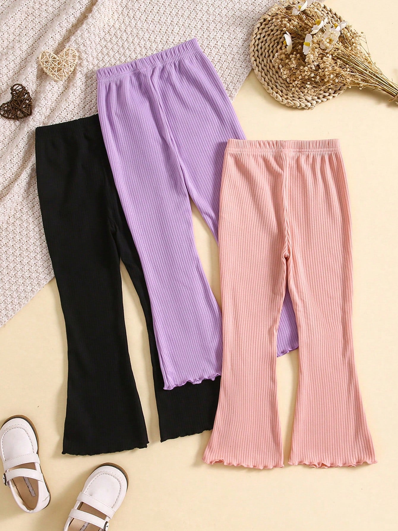 Young Girl 3pcs Ribbed Knit Flare Leg Pants