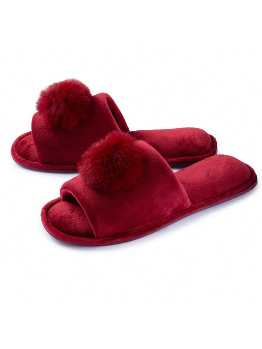 Pupeez Women's Slippers Lovely Velvet Pom-Pom Open Toe House Slides