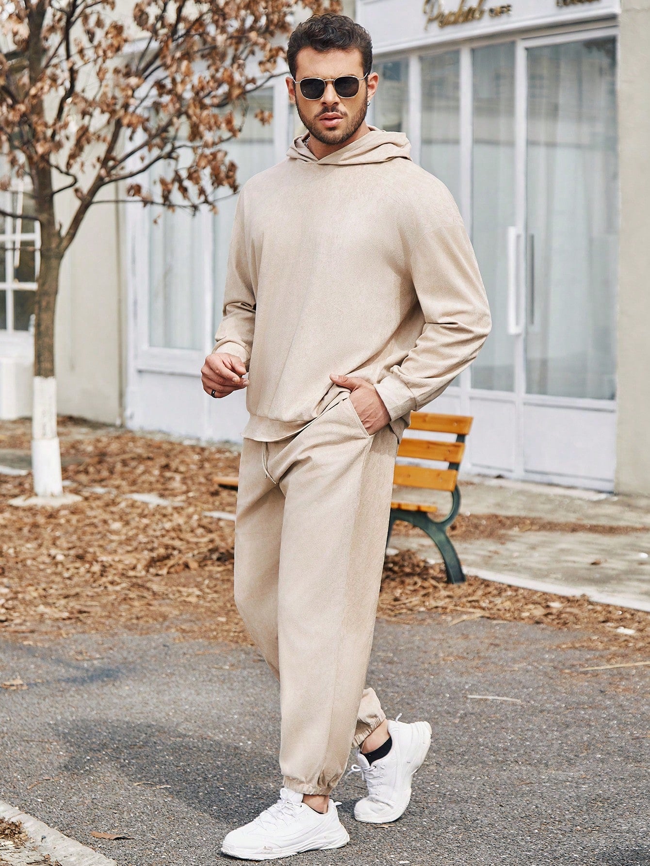 Men Plus Large Size Solid Color Hooded Sweatshirt And Sweatpants Two-Piece Set