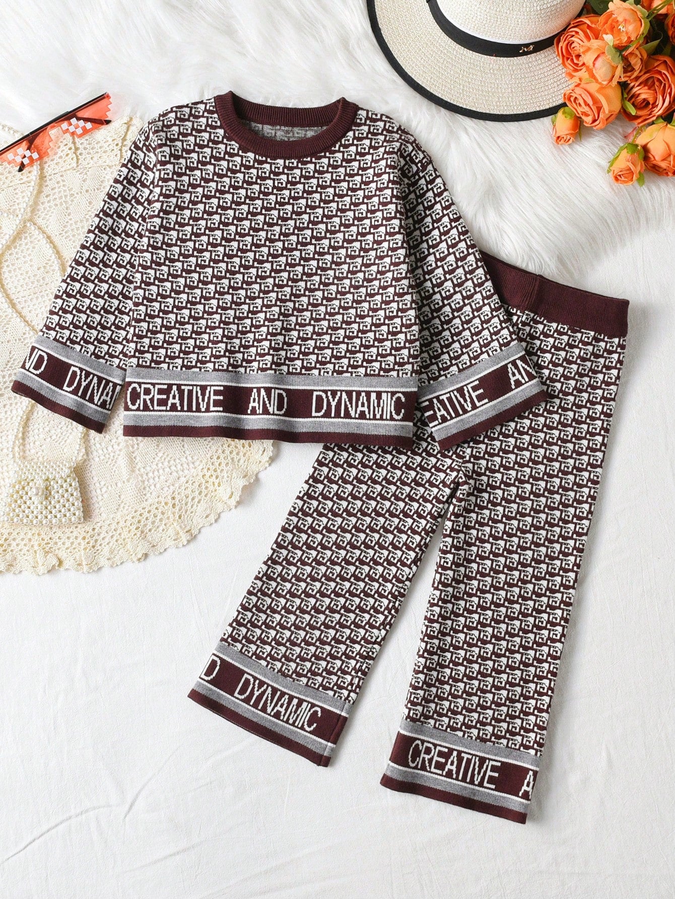 Young Girl Allover Pattern Sweater & Knit Pants