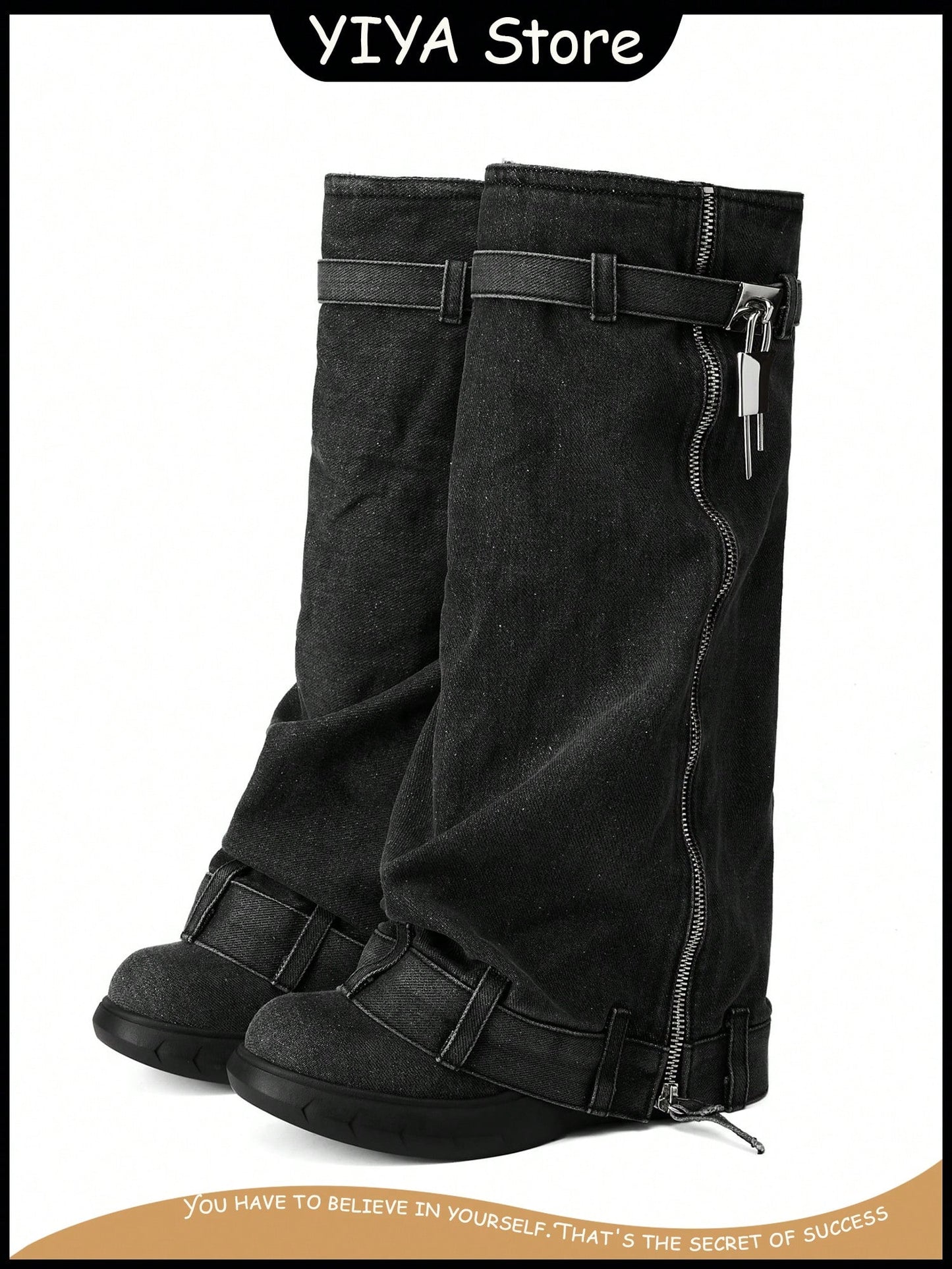 Women's Denim Boots With Padlock Zip Knee High Platform Boots Fold Over Calf Booties Fashion Zipper Covered Shoes