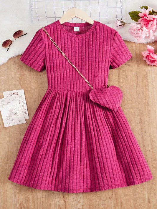 Tween Girl Knitted Solid Color Stand Collar Dress With Leg Of Mutton Sleeve And Heart Shaped Crossbody Bag For Casual Occasions