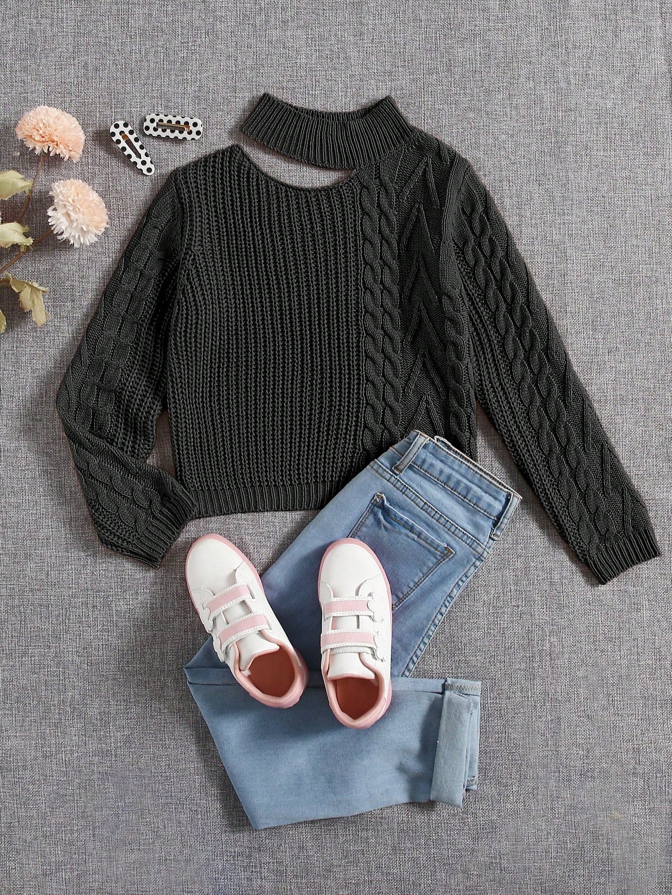 Tween Girl Cut Out Mock Neck Cable Knit Sweater