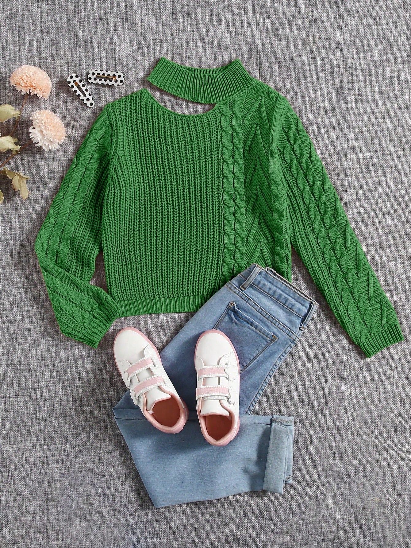 Tween Girl Cut Out Mock Neck Cable Knit Sweater