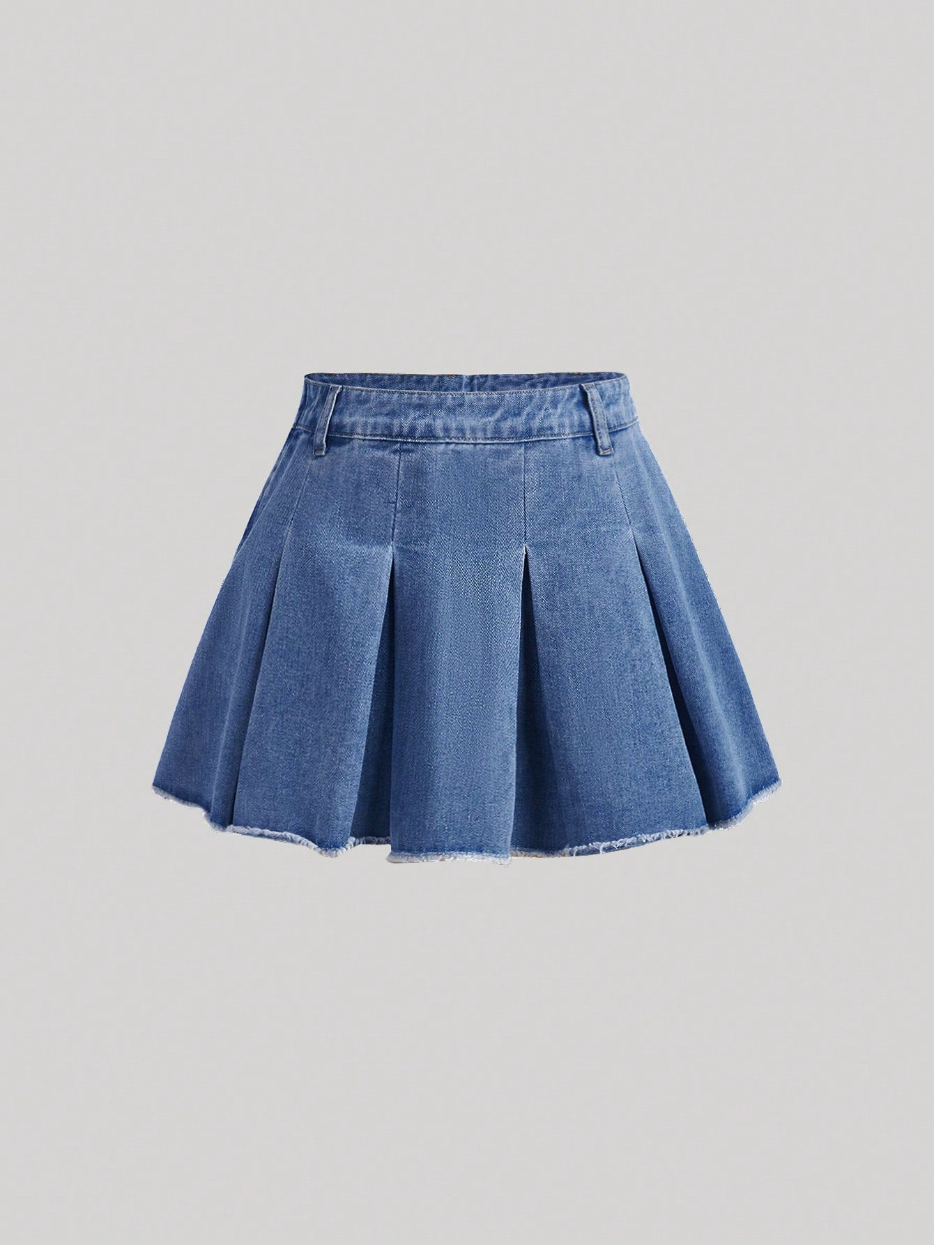 Teen Girl Solid Pleated Raw Hem Denim Skirt