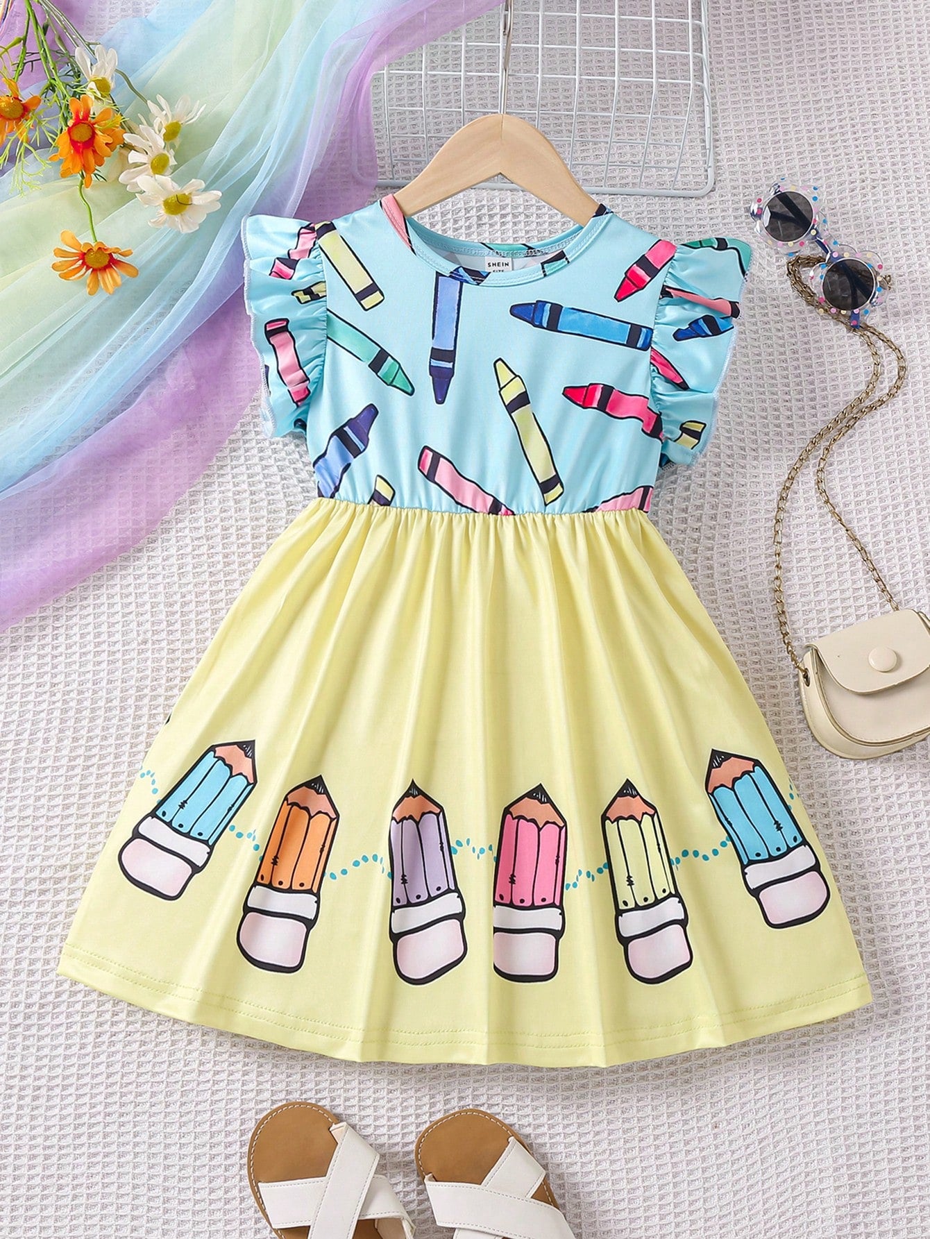 Young Girl Short Sleeve Printed Pencil Dress With Color Block Splicing Detail