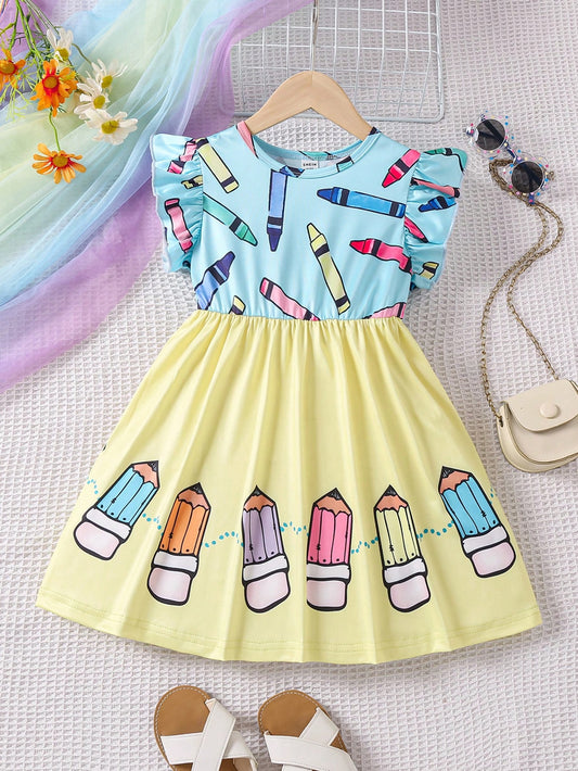 Young Girl Flying SleeveColorblock Floral Pencil Dress