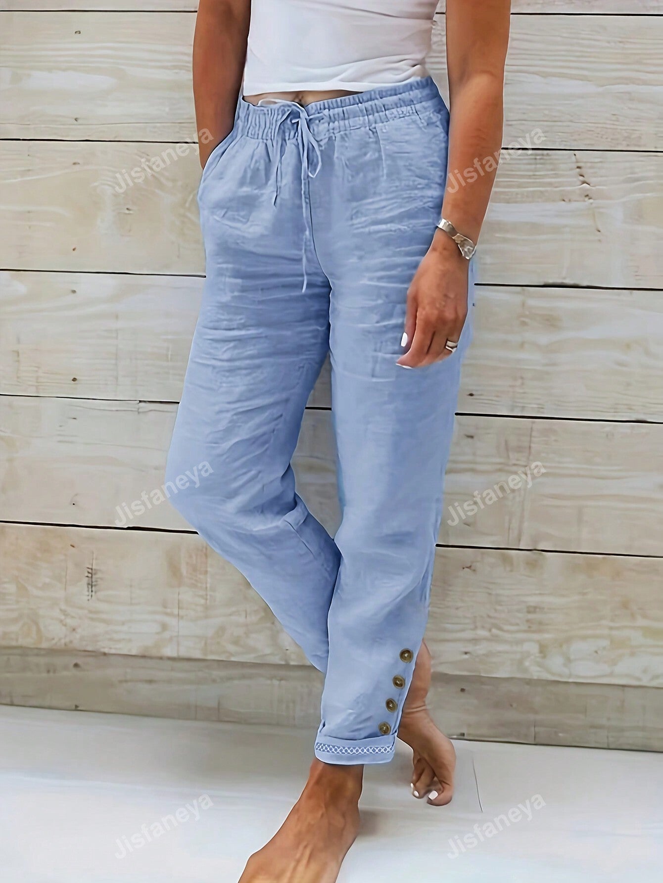 Solid Color Button & Drawstring Detail Waist Pants