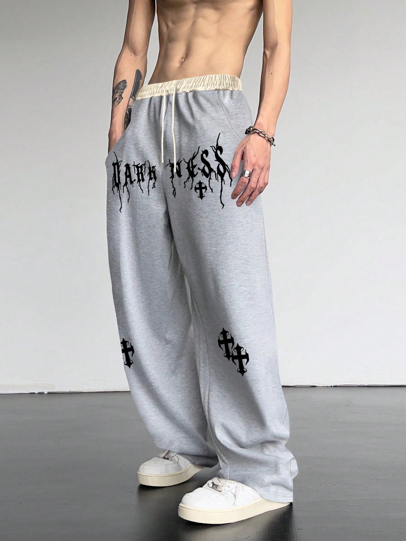 Men Cross Letter Graphic Drawstring Waist Oversize Sweatpants Wide Leg Long Sweat Pant Going Out Goth Boyfriend Gift