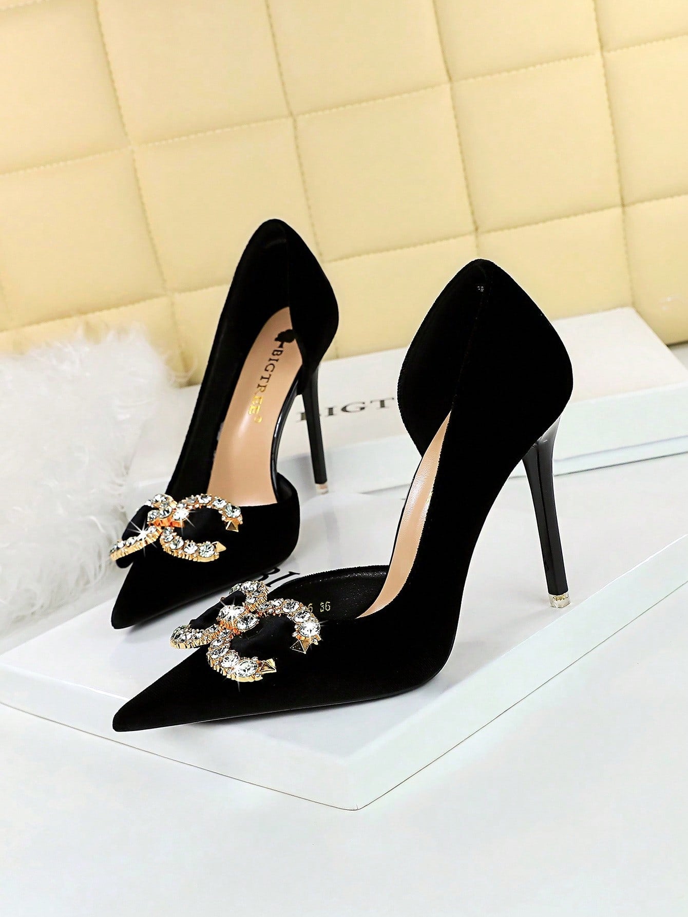 Party High Heels, Thin Heels Shallow Mouth, Pointed Toe, Hollow Out And Rhinestone Buckle Bowknot Pumps