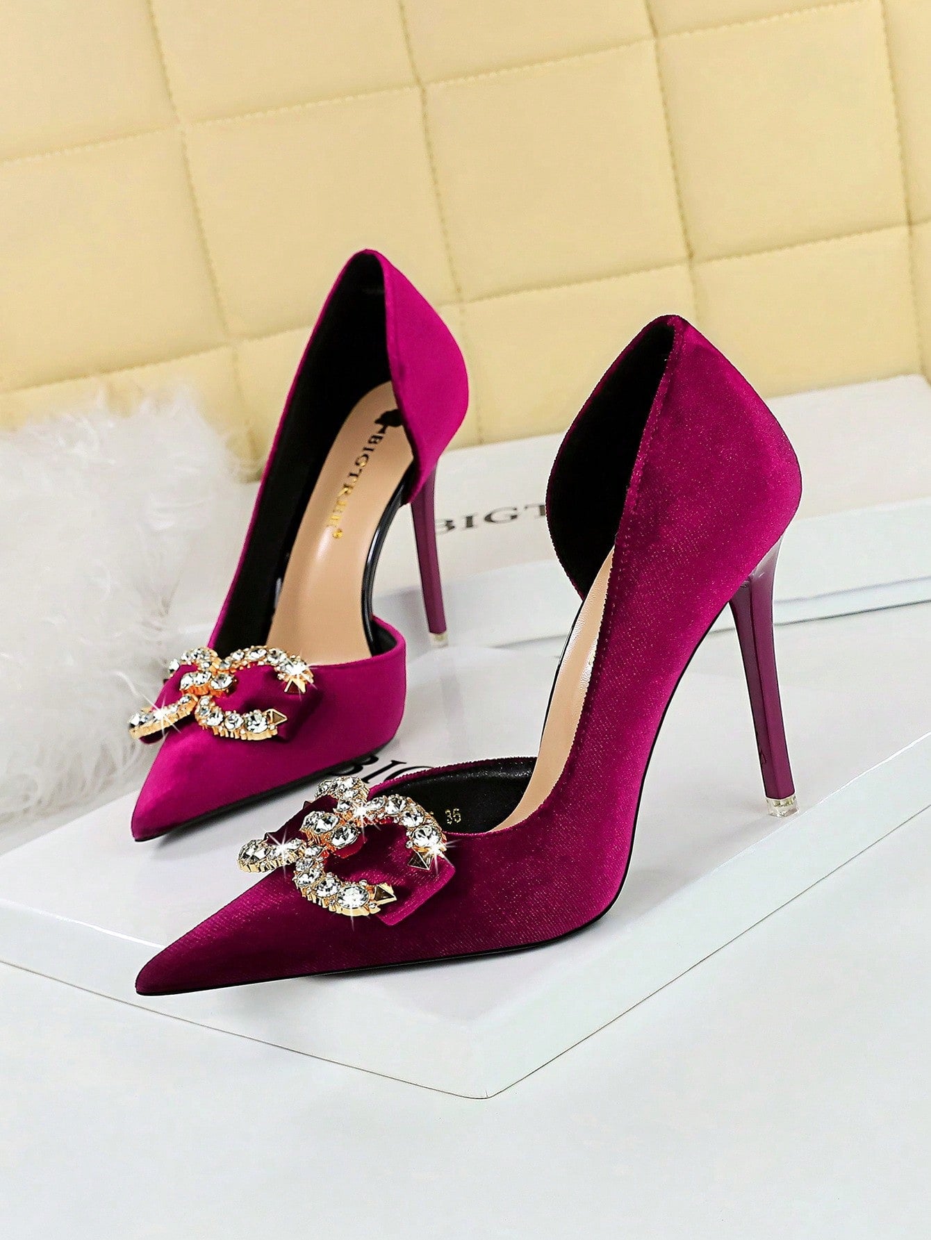 Party High Heels Shoes With Thin Heels, Shallow Mouth, Pointed Toe, Hollow Out Sides, Thick Suede Material, Rhinestone Buckle And Bow-Knot Design