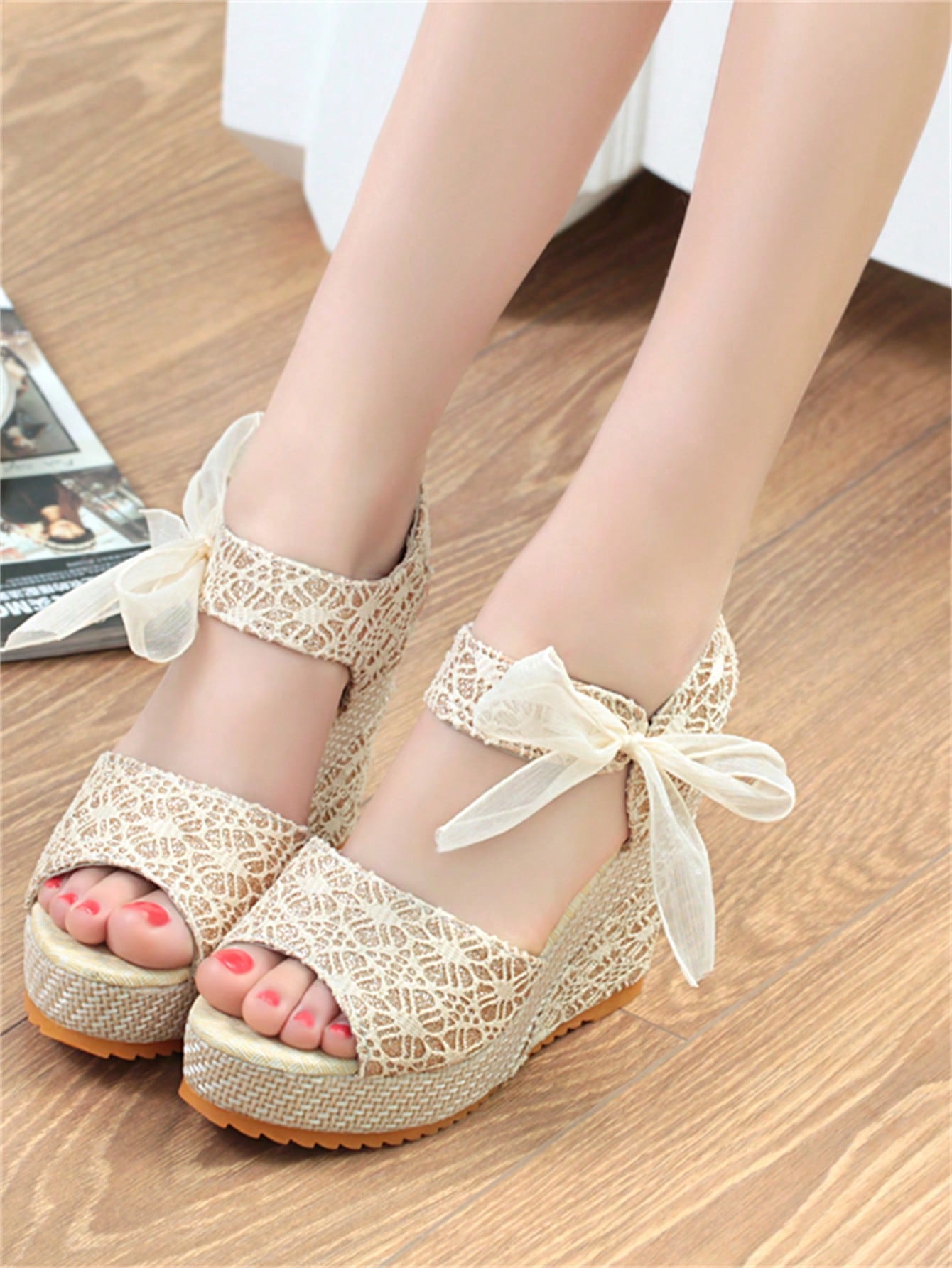 New Arrival Fashion Elegant Wedge Thick Sole Comfortable Ladies Sandals, Hook-And-Loop Platform Thick Bottom Shoes, Breathable Lace Hollow Wedge Ladies Sandals, Summer Peep-Toe Super High Heel Peep-Toe Ladies Sandals, Waterproof Platform All-Match Party M