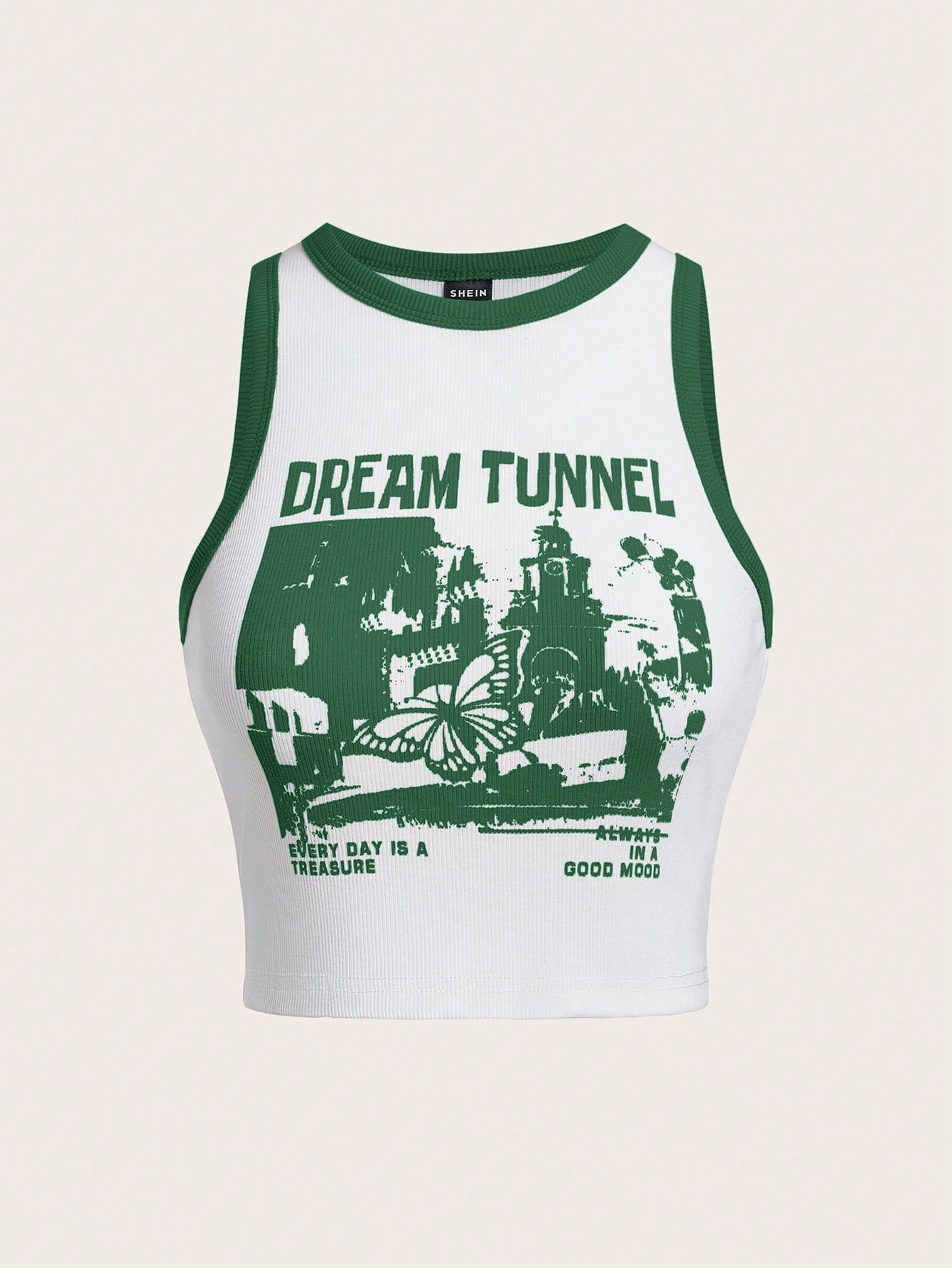 Summer Outfits Butterfly & Slogan Contrast Binding Tank Top DREAM TUNNEL EVERY DAY IS A TREASURE ALWAYS IN A GOOD MOOD