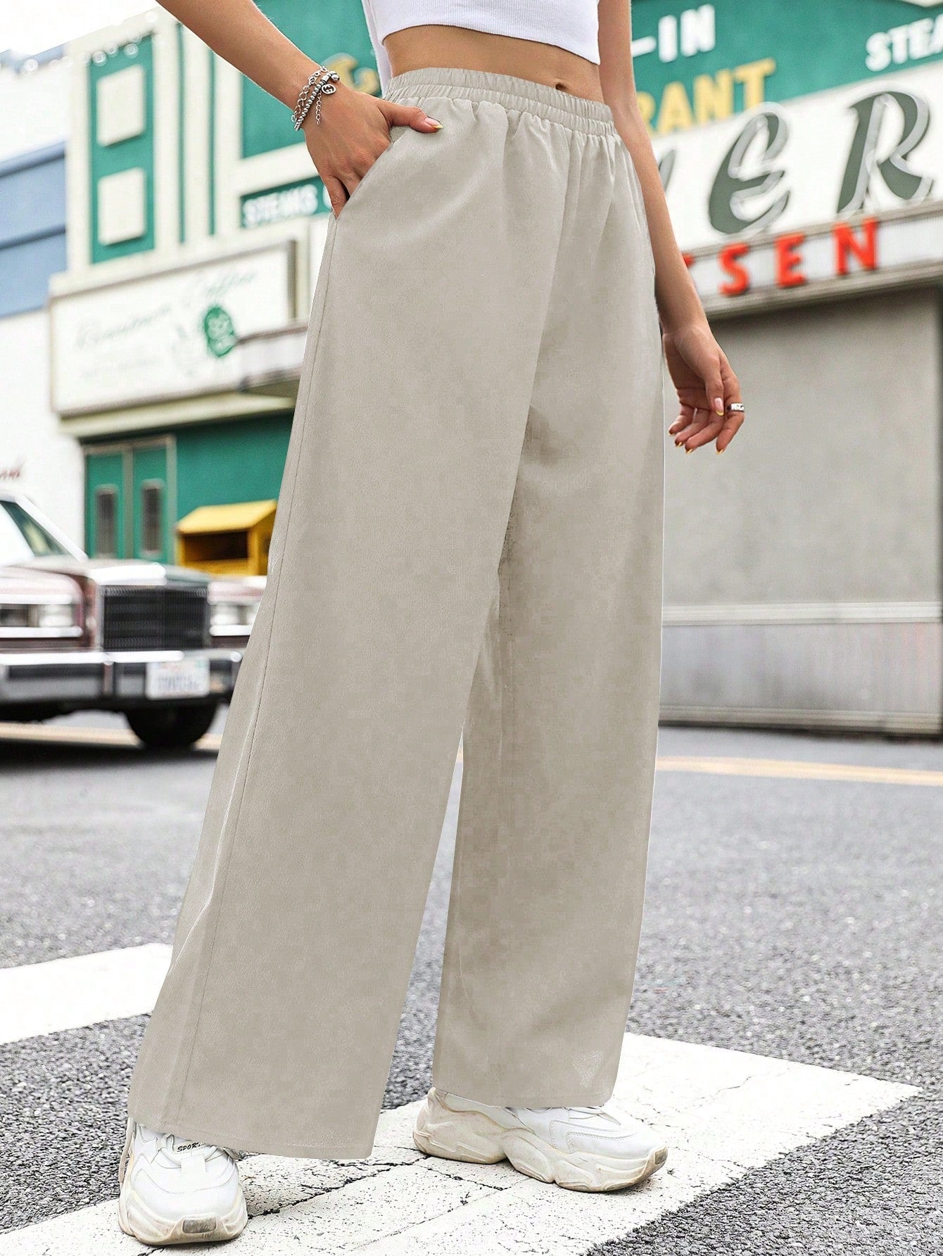 Elastic Waist Solid Color Wide Leg Pants For Casual Wear