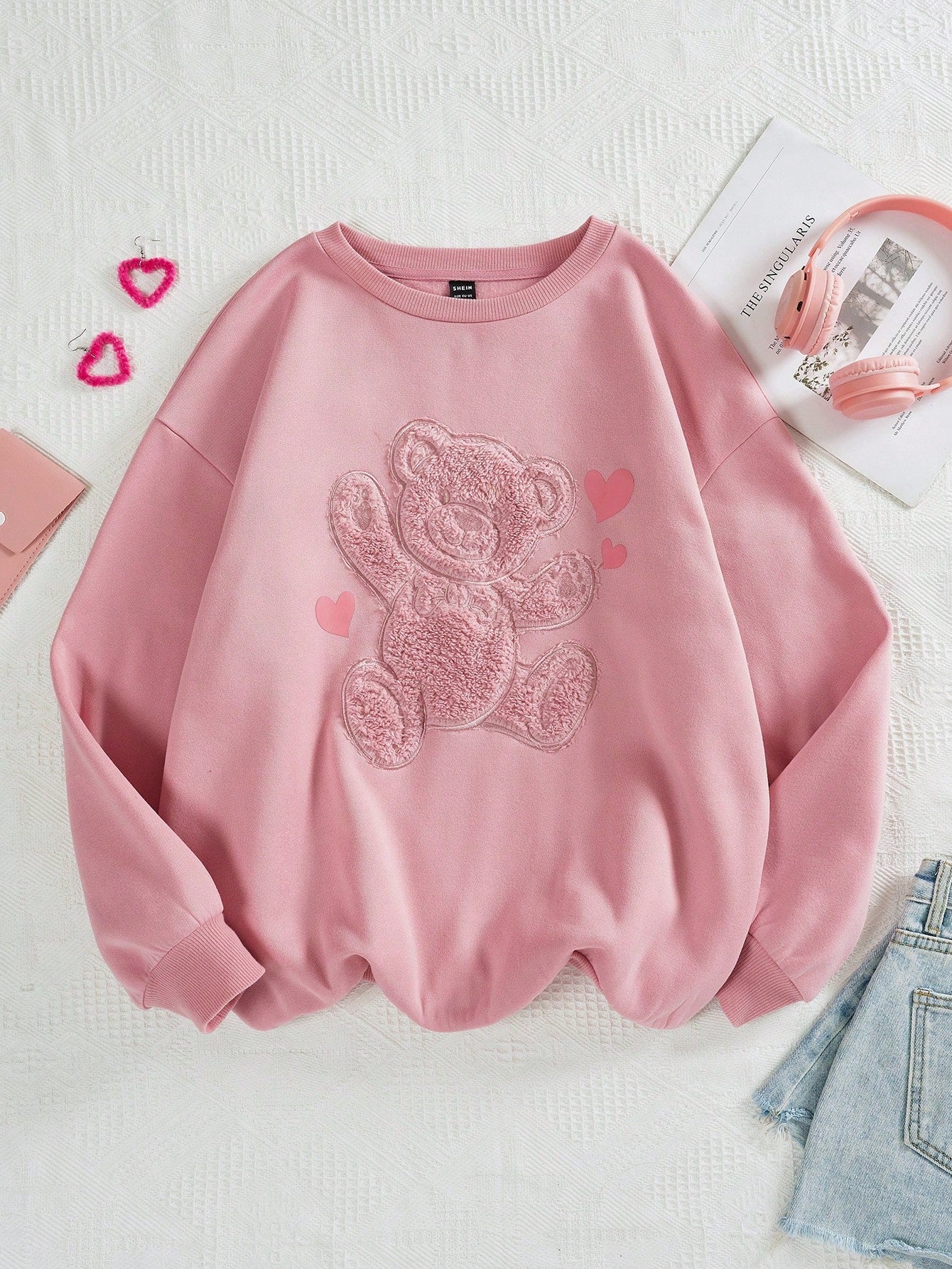 Women's Drop Shoulder Teddy Bear Print Embroidery Drop Shoulder Sweatshirt