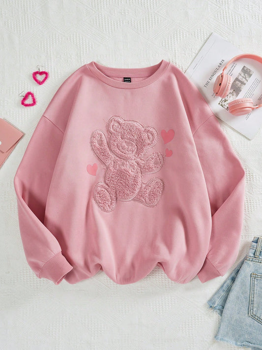 Women's Drop Shoulder Teddy Bear Print Embroidery Drop Shoulder Sweatshirt