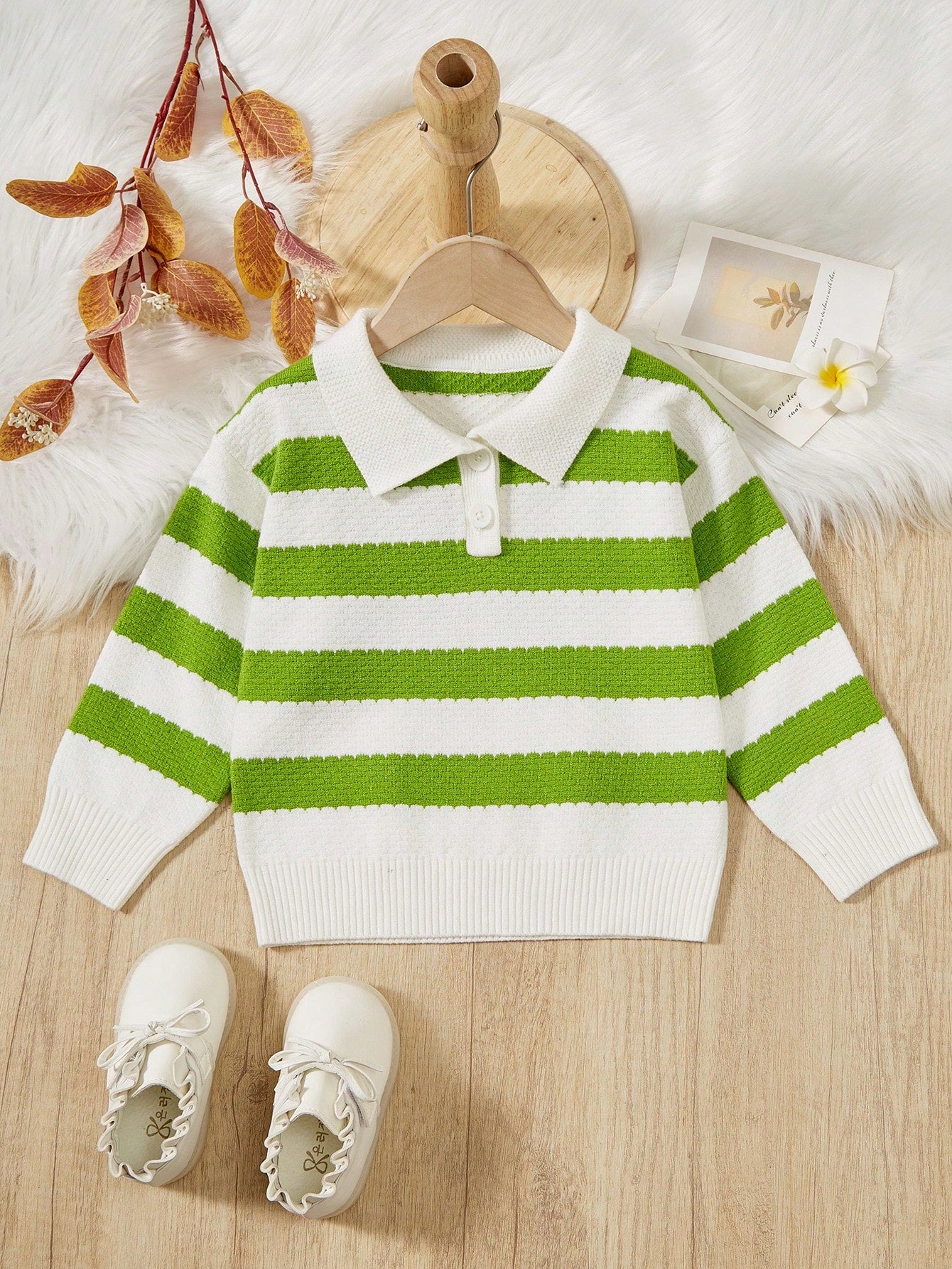 Boys' Casual Striped Contrast Color Turn-Down Collar Sweater, Suitable For School And Leisure