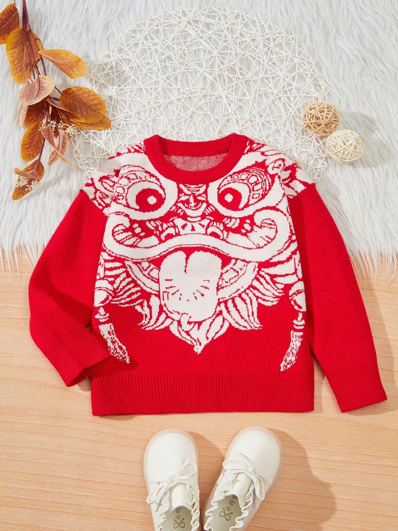 Toddler Boys' Lion Dance Pattern Long Sleeve Sweater