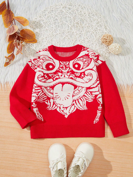 Toddler Boys' Lion Dance Pattern Long Sleeve Sweater