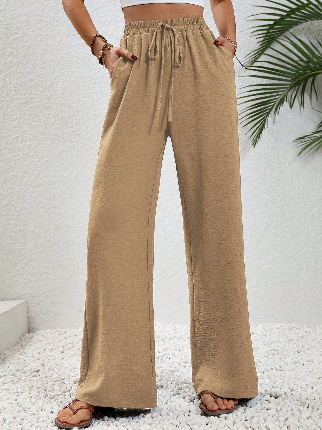 Women's Solid Color Waist-Tied Straight-Legged Wide Casual Pants With Pockets