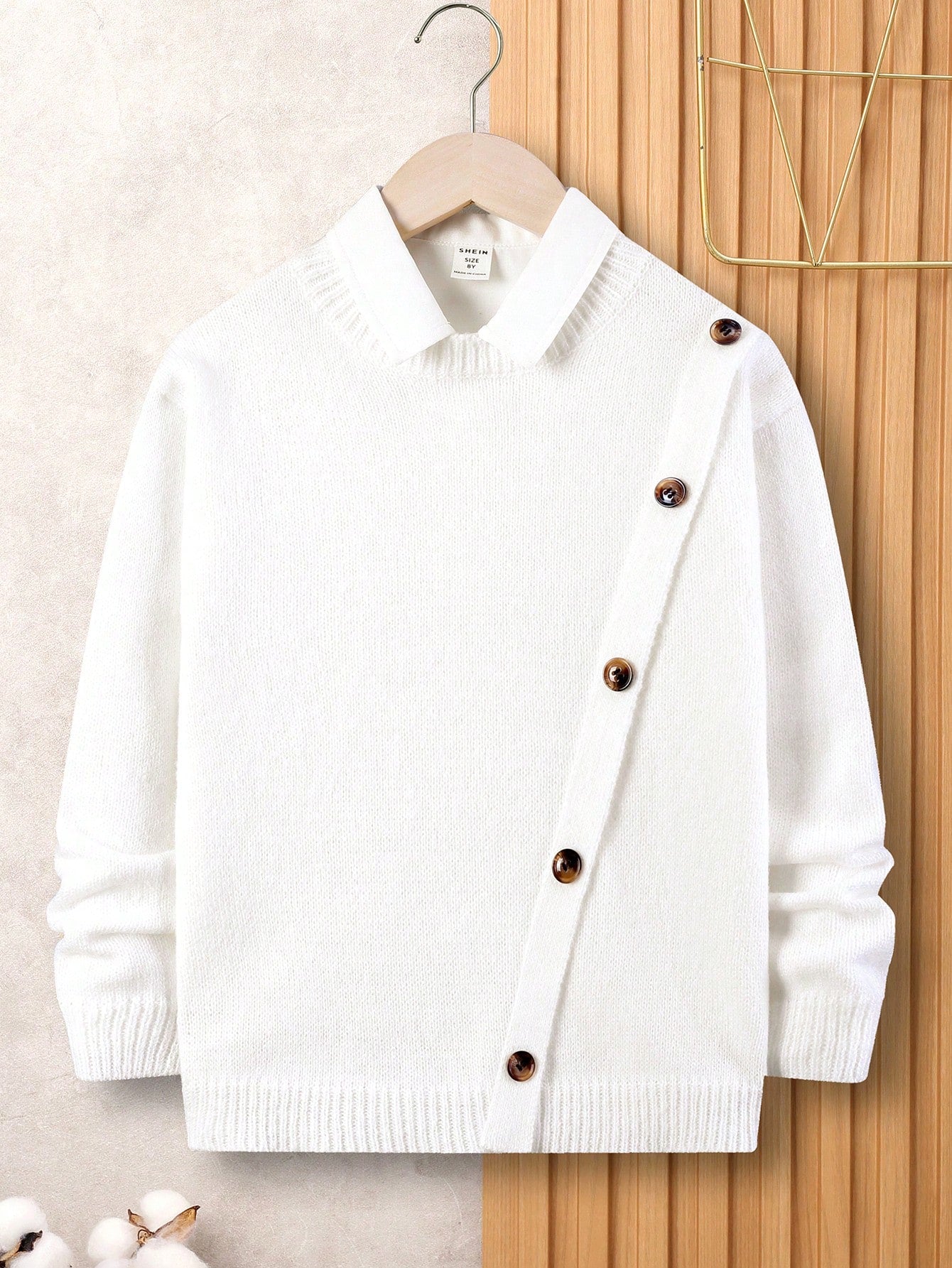 Tween Boy Loose Fit Academy Style Long Sleeve Round Neck Sweater With Diagonal Fake Placket