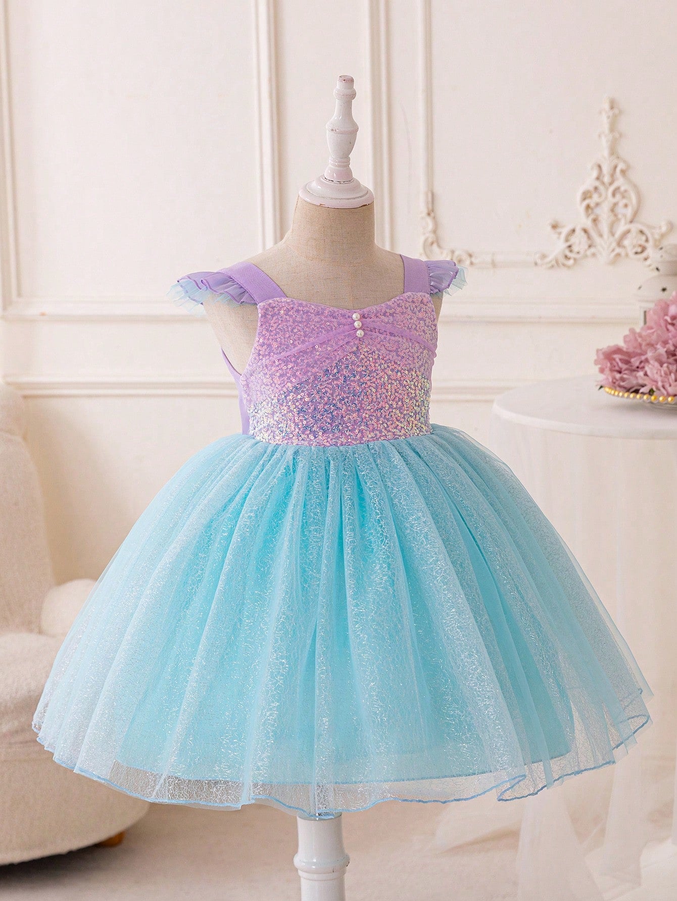 Young Girl Mermaid Birthday Party Wedding Festival Sparkly Color Block Tulle Princess Dress With  Gorgeous Style