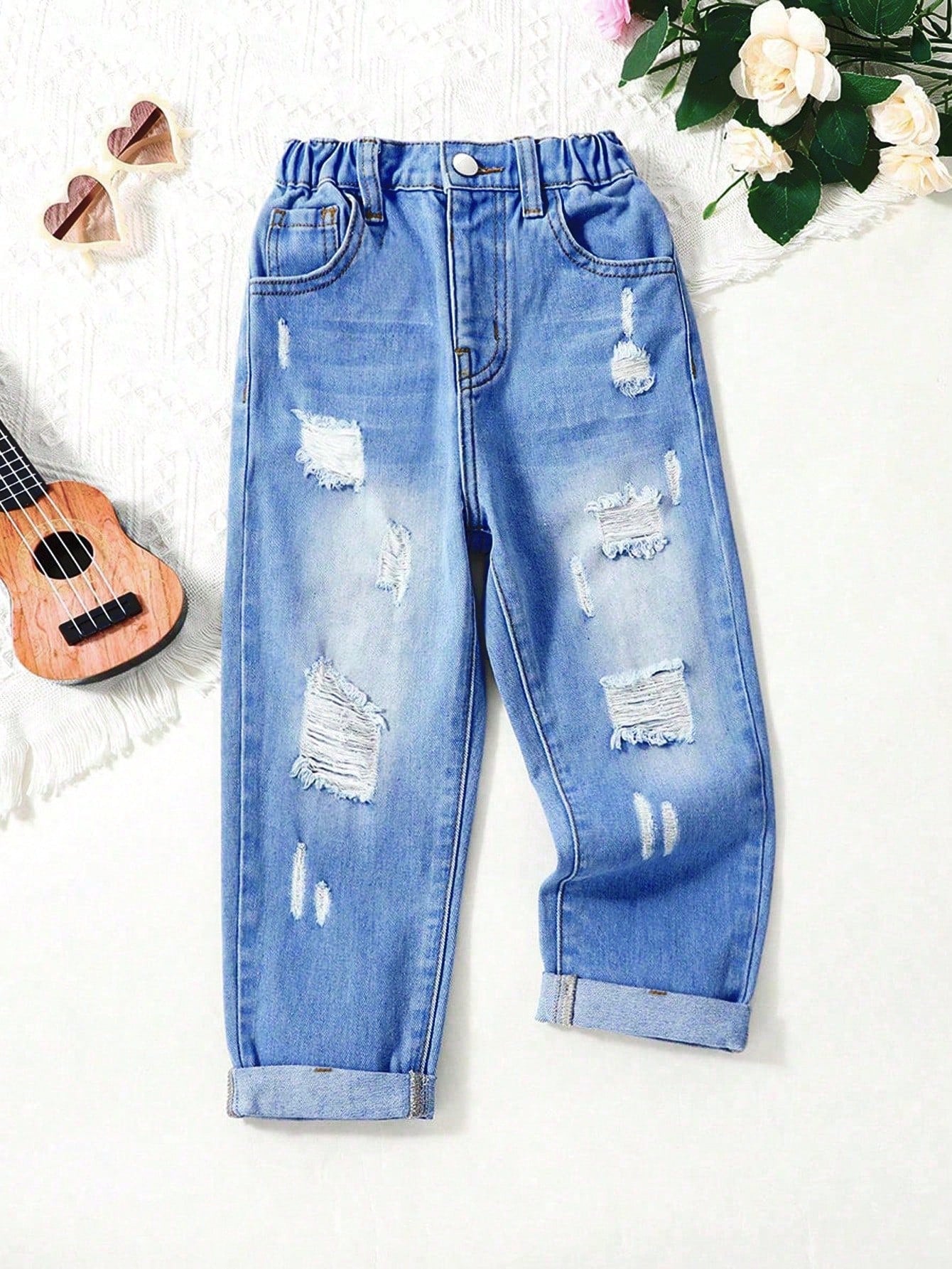 Kids Young Girl Daily Boho Casual Butterflies Print Ripped Roll Up Hem Elastic Waist Denim Shorts