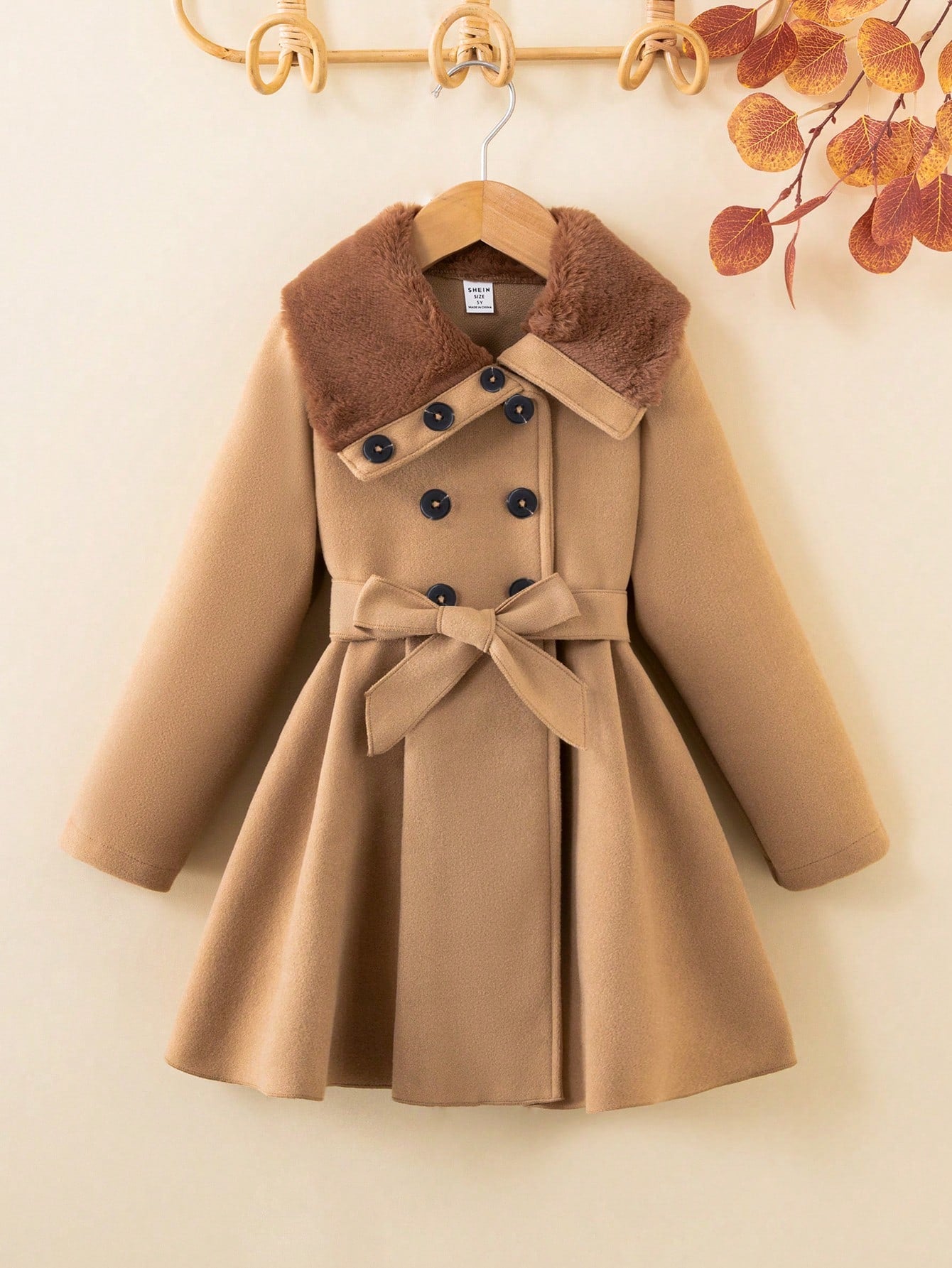 Young Girl Borg Collar Double Breasted Belted Overcoat