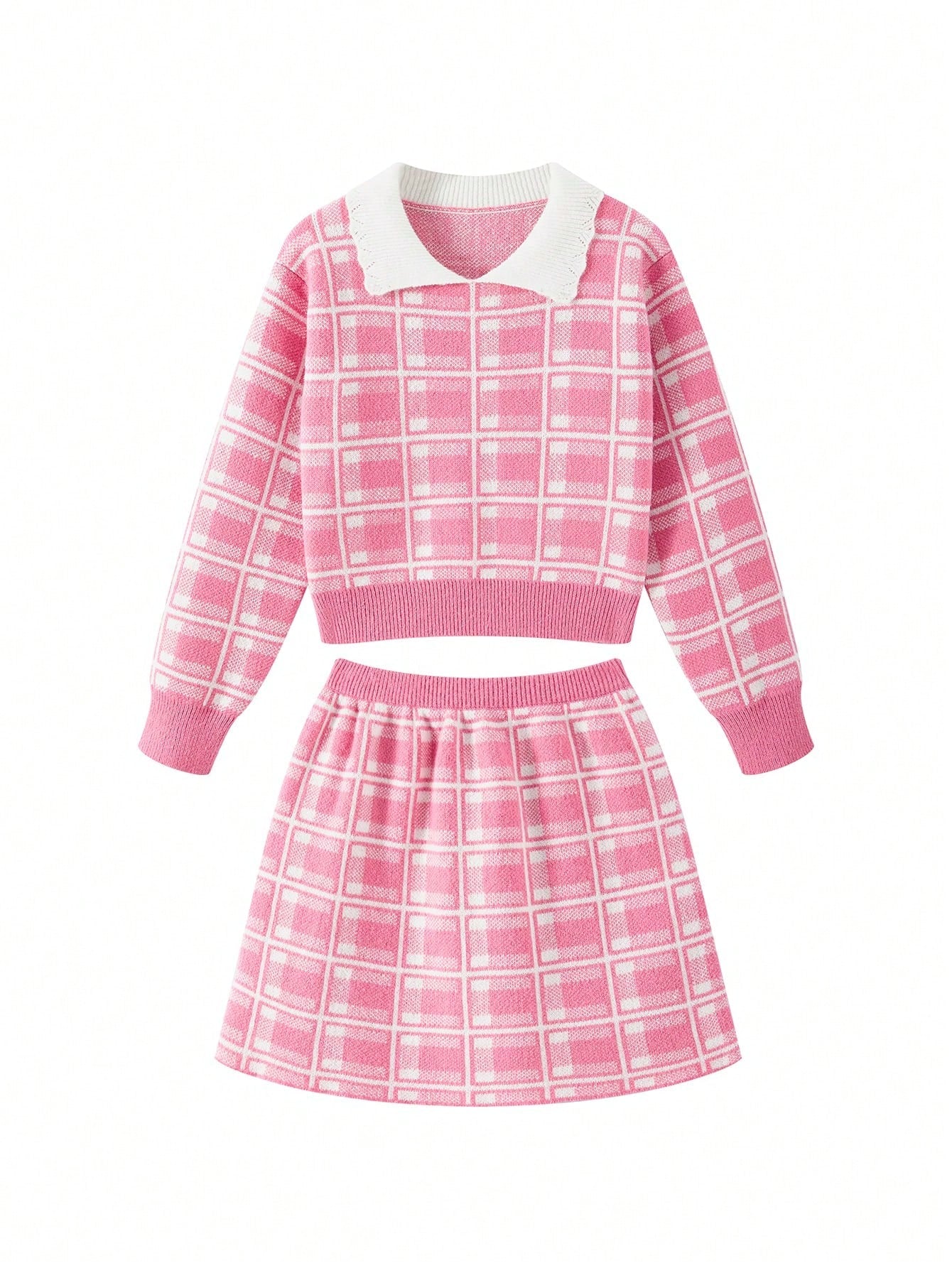 Girls' Plaid Color Contrast Turn-down Collar Sweater Vest Skirt