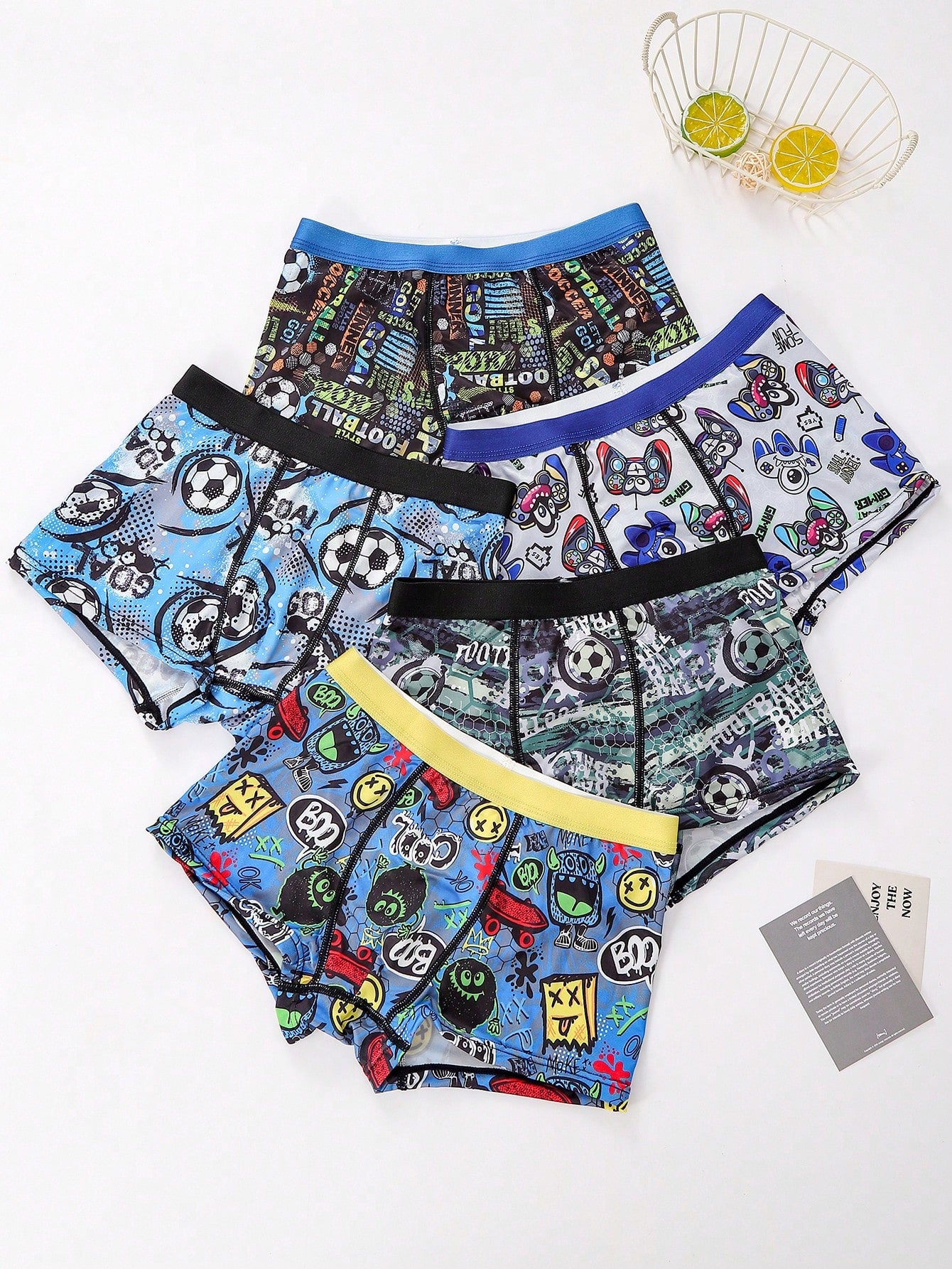 5pcs/Set Tween Boys' Underwear, Letter Printed Gaming Machine Pattern Boxer Briefs, Multi-Colored, Cartoon Street Style