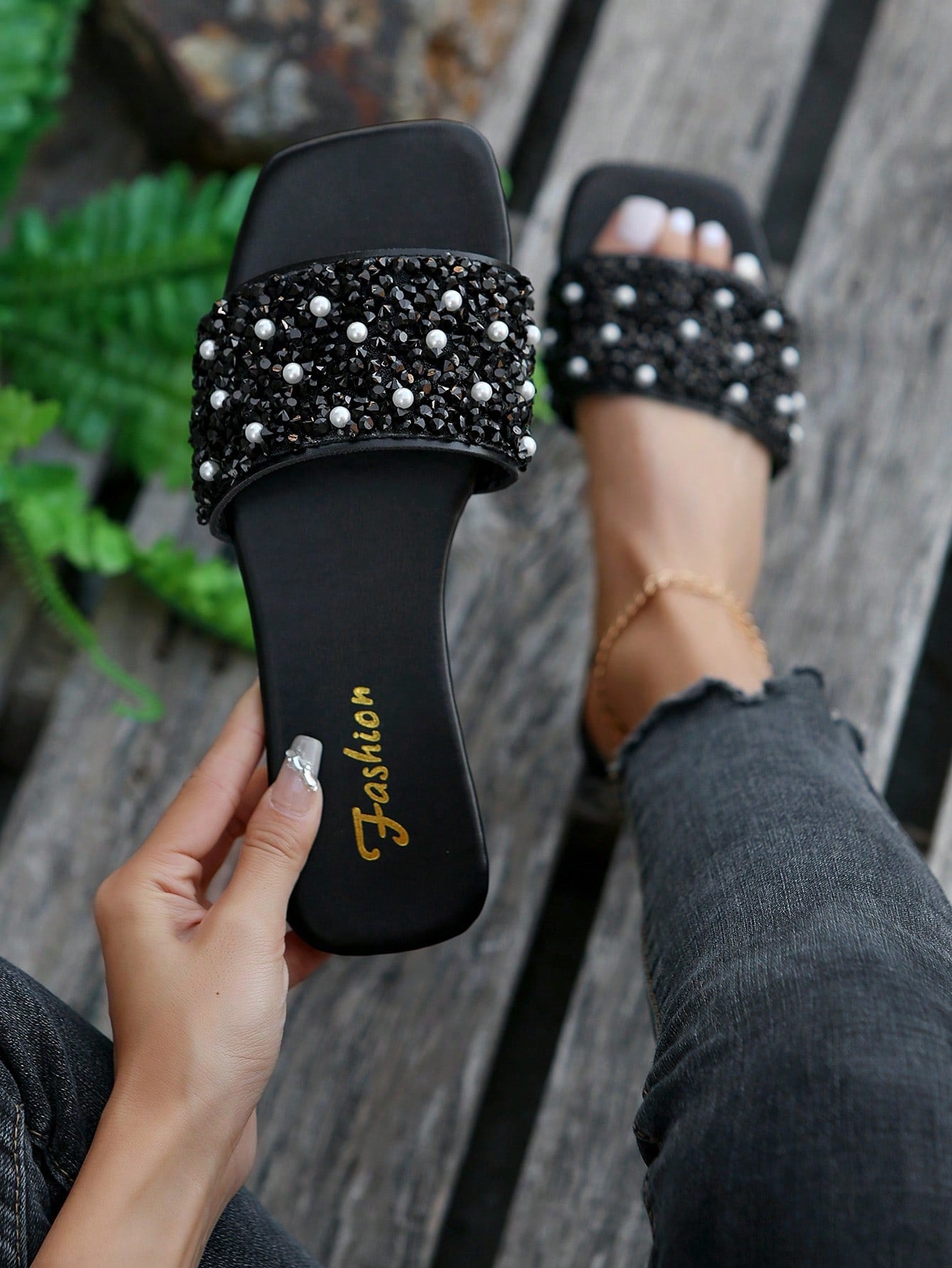 Women Rhinestone Decor Slide Sandals, Artificial Leather Glamorous Sandals