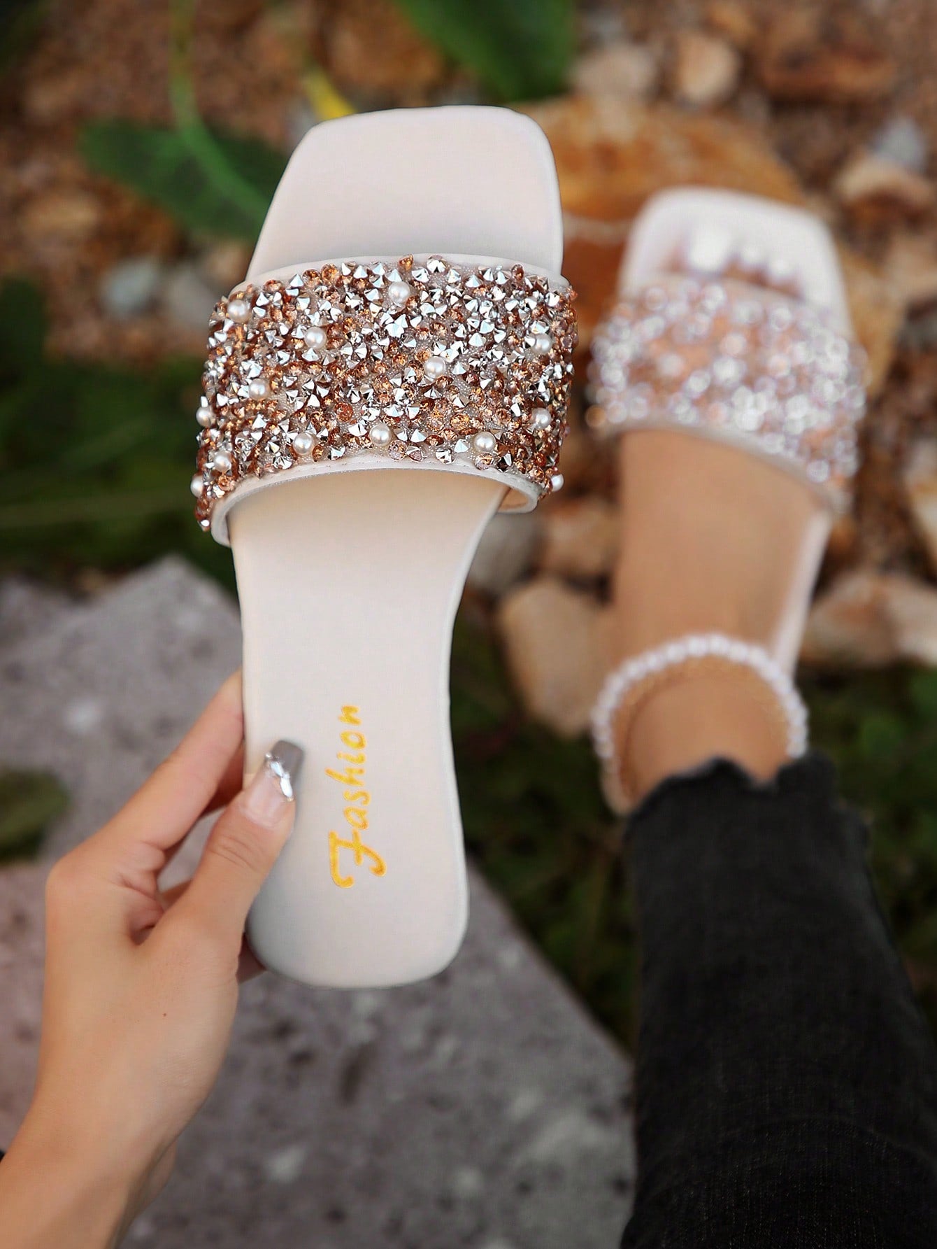 Women Rhinestone Decor Slide Sandals, Artificial Leather Glamorous Sandals