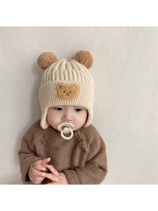 Cute Bear Ear Warmer Knitted Baby Hat For Winter, Korean Style Toddler Thick Warm Beanie Cap