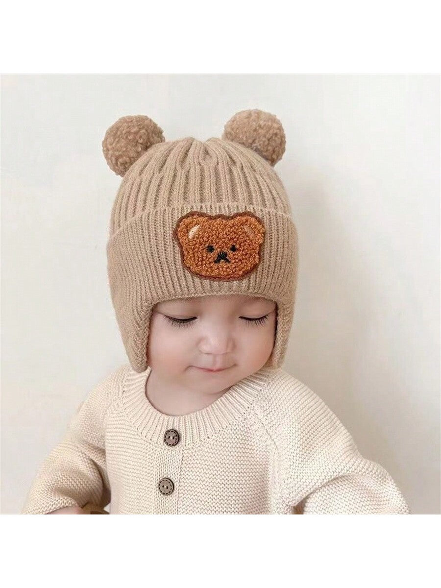 Cute Bear Ear Warmer Knitted Baby Hat For Winter, Korean Style Toddler Thick Warm Beanie Cap