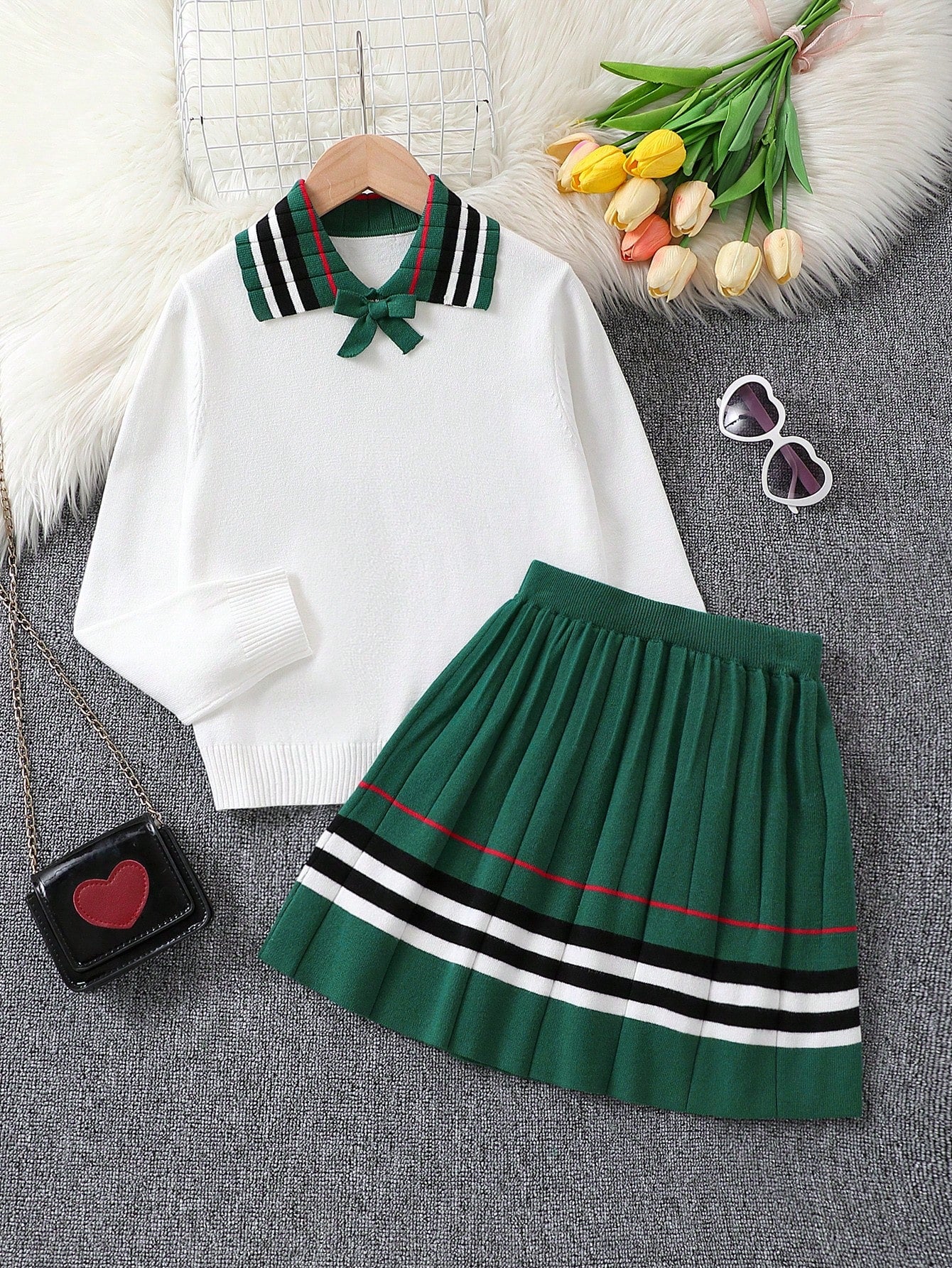 Tween Girl Striped Trim Sweater & Pleated Knit Skirt