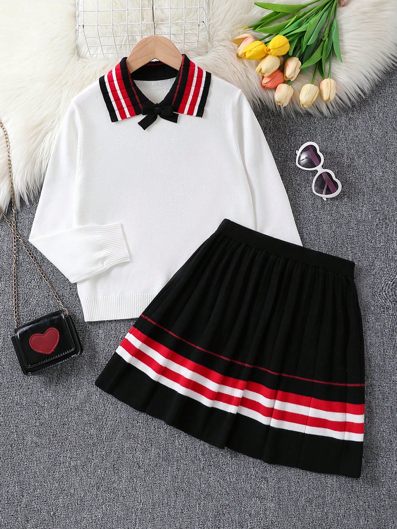 Tween Girl Striped Trim Sweater & Pleated Knit Skirt