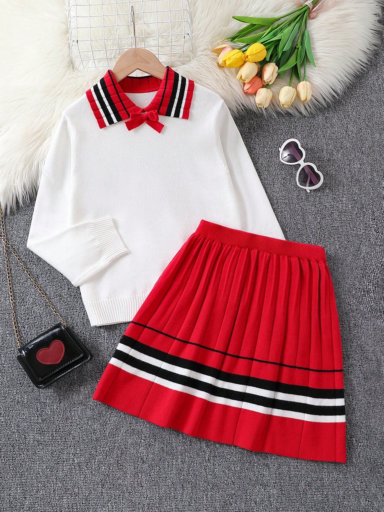 Tween Girl Striped Trim Sweater & Pleated Knit Skirt