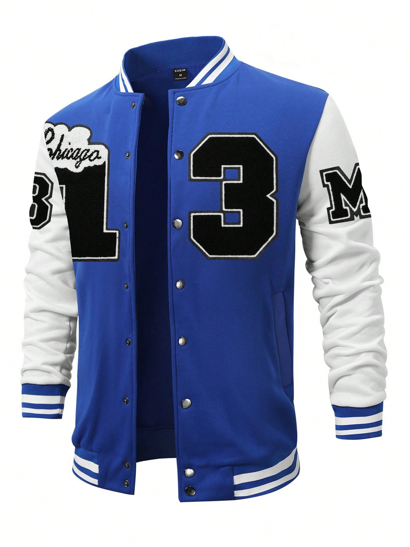 Men Letter Flocking Striped Trim Drop Shoulder Varsity Jacket