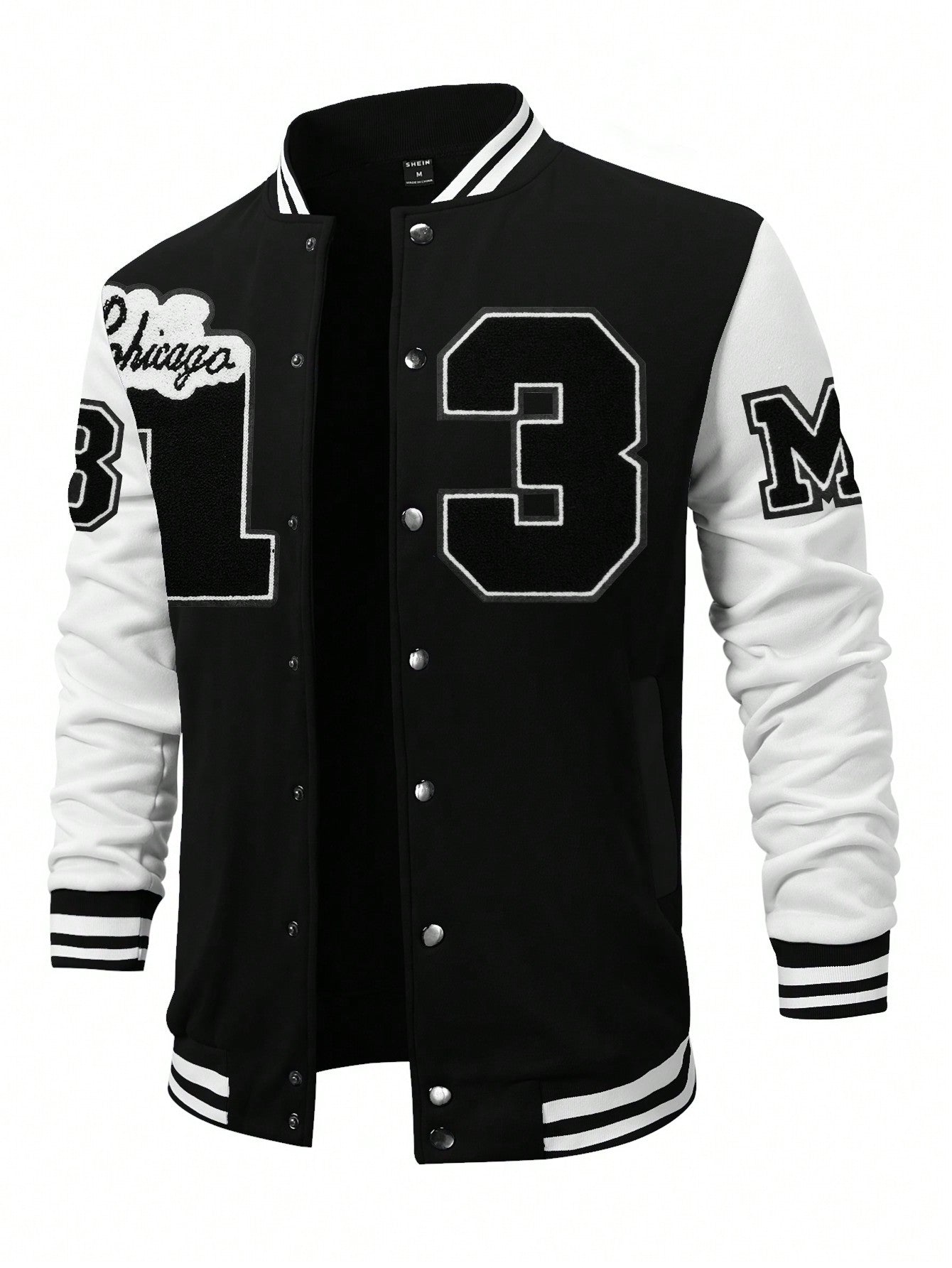 Men Letter Flocking Striped Trim Drop Shoulder Varsity Jacket