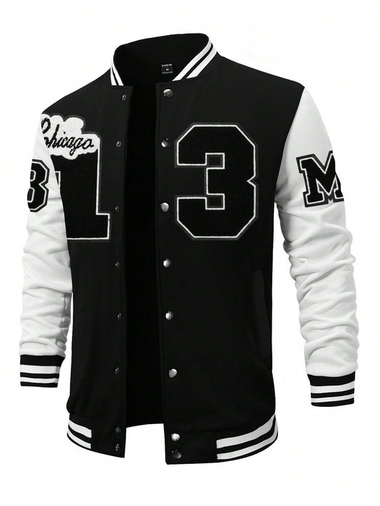 Men's Letter Printed Button Up Baseball Jacket