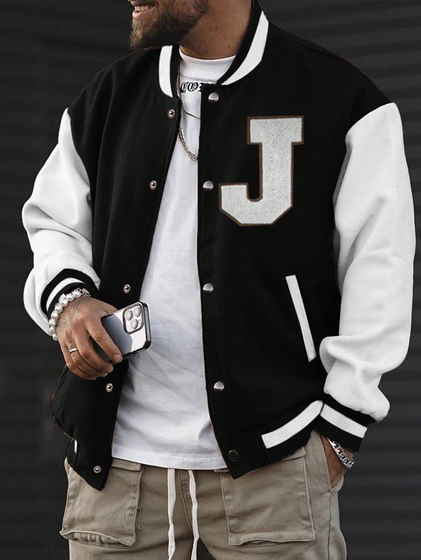 Men's Color Block Baseball Jacket With Letter Print