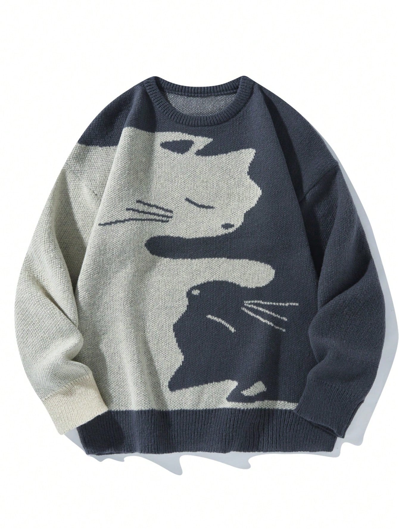 Men's Cat Printed Round Neck Sweater , Drop Shoulder Baggy Crew Long Sleeve Pullover , Graphic Color Block Dark Grey Going Out Friends