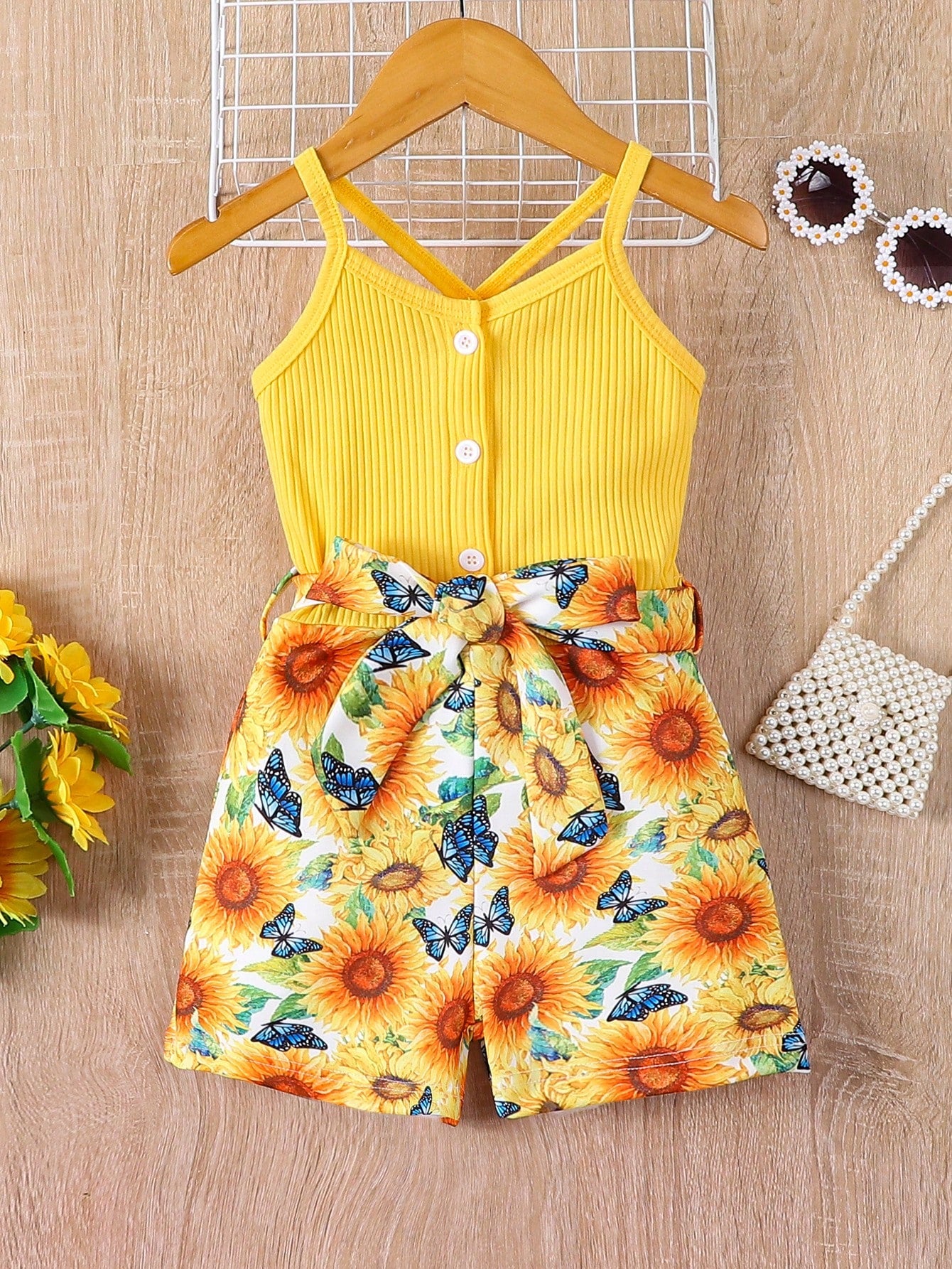 Young Girl Sunflower Print Cami Romper