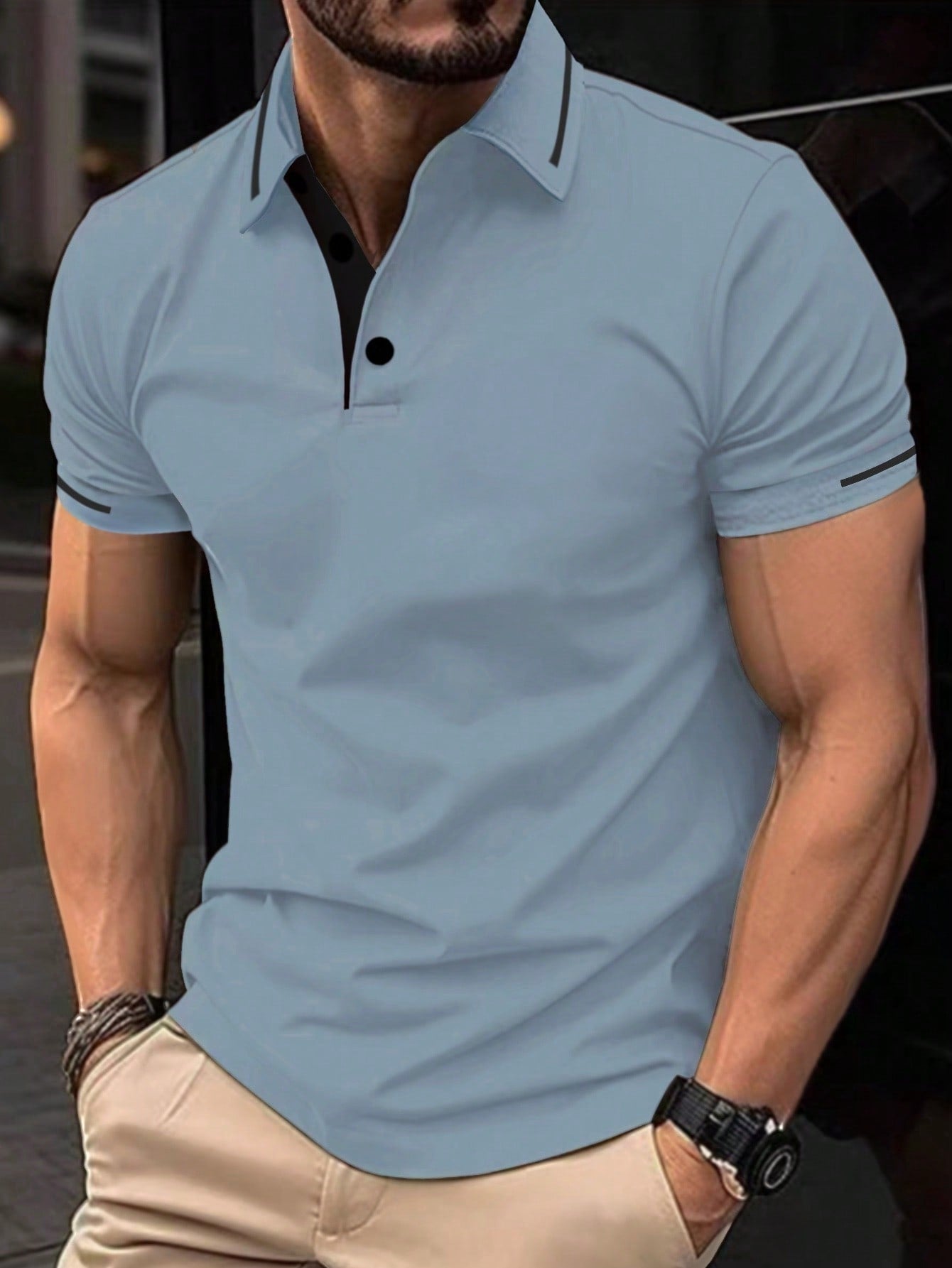 Men's Short Sleeve Polo Shirt, Button Up Collar Color Block Golf Business Shirt