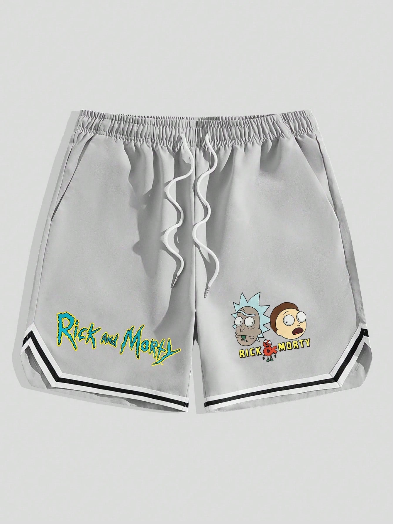 Rick and Morty | Men Cartoon & Letter Graphic Striped Trim Drawstring Waist Shorts, School