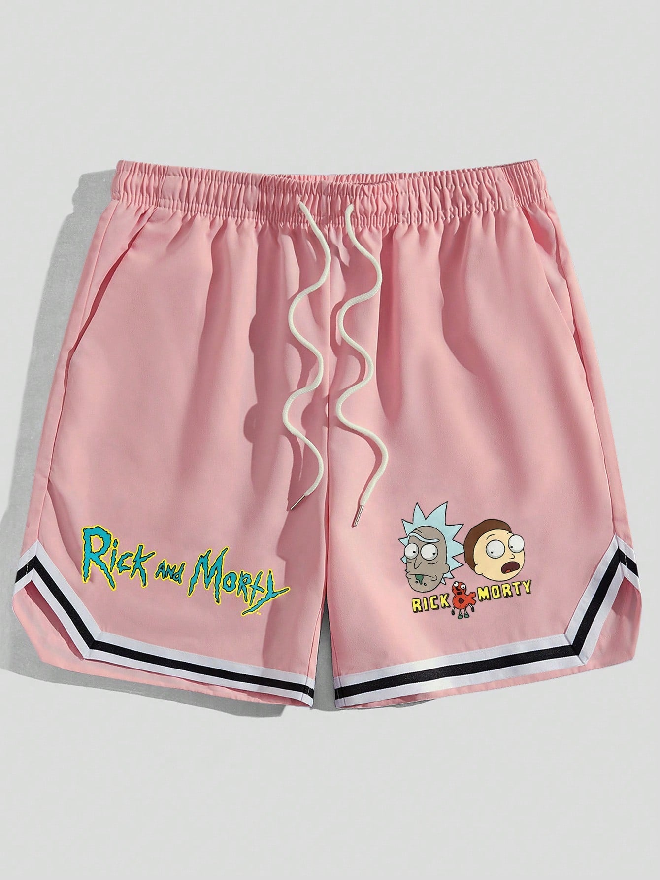 Rick and Morty | Men Cartoon & Letter Graphic Striped Trim Drawstring Waist Shorts, School