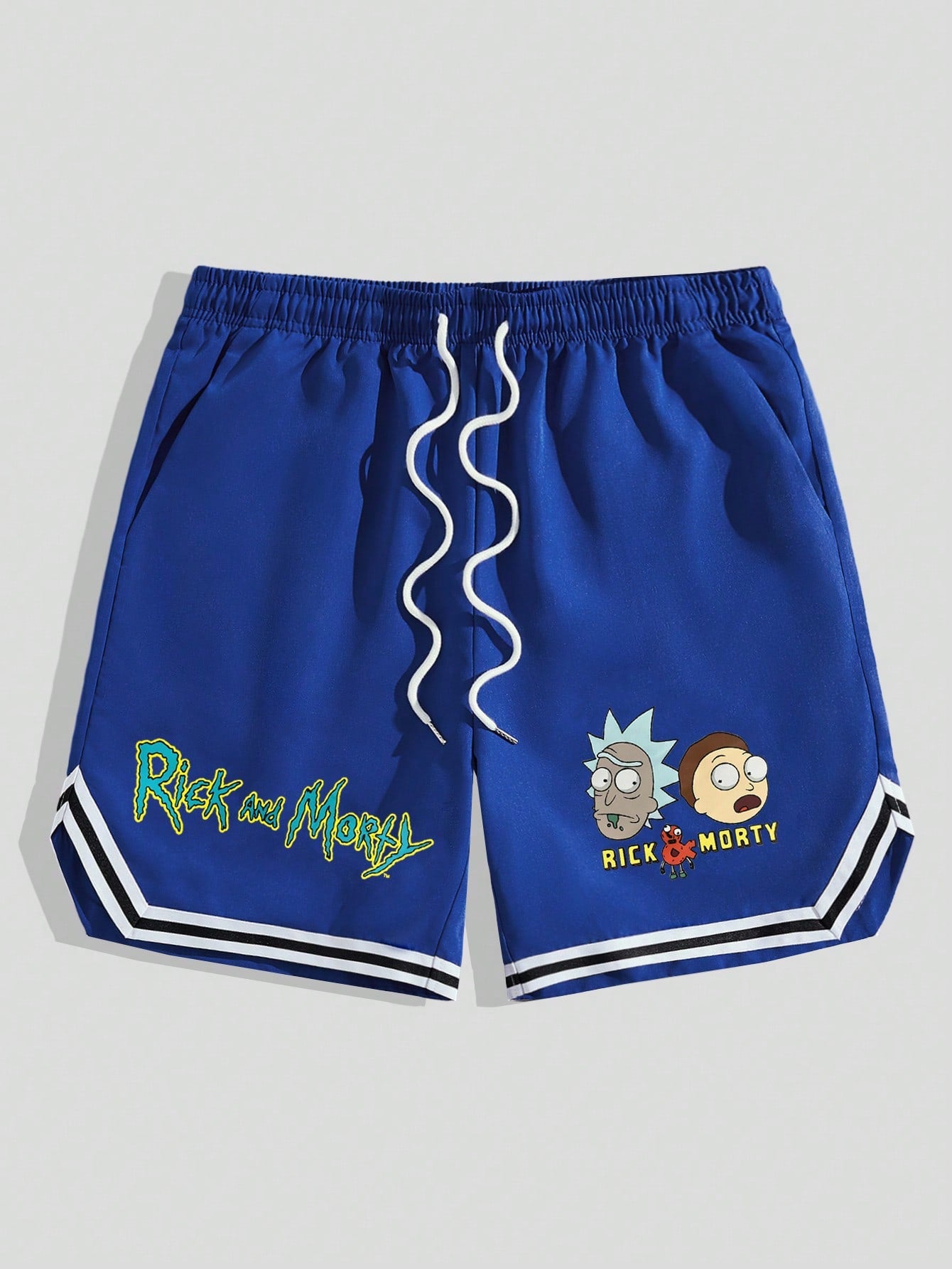 Rick and Morty | Men Cartoon & Letter Graphic Striped Trim Drawstring Waist Shorts, School