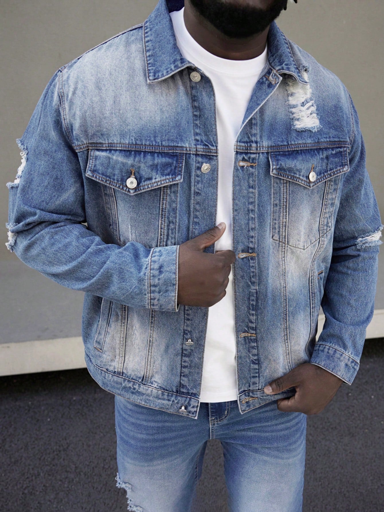 Men's Plus Size Washed Ripped Denim Jacket